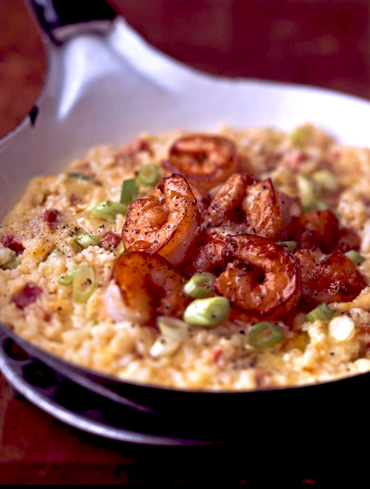 Cheddar Cheese Grits With Shrimp, Pancetta, and Scallions