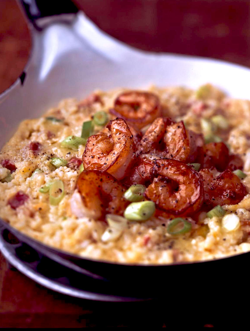 Cheddar Cheese Grits With Shrimp, Pancetta, and Scallions